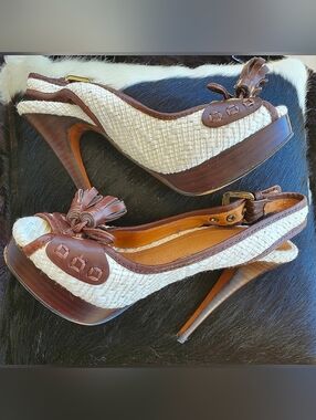 Zara Tassel Spectator Luxury Brown and Cream Women's Tweed Style Heels Eu 38 7